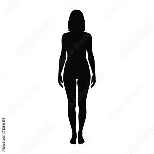 Silhouette of a woman standing with a neutral pose on white background Keywords: silhouette