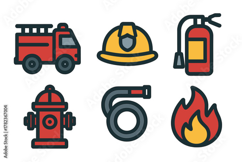Fire safety equipment and symbols representing firefighting tools and vehicles in bright colors
