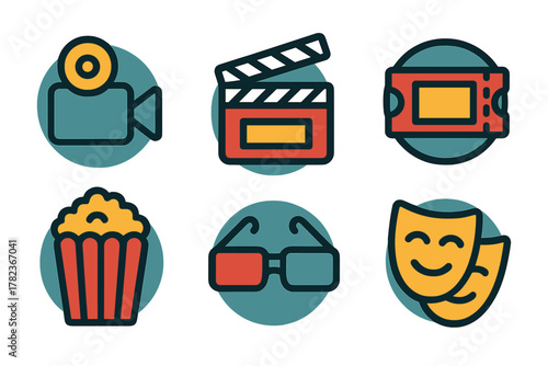 Collection of symbols representing different elements of the film industry and cinema experience