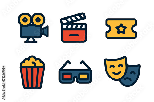 Icons representing various elements of film and entertainment, including a camera, clapperboard, ticket, popcorn, glasses, and theater masks