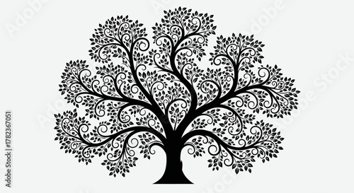 A stylized black silhouette of a large, ornate tree with intricate swirling branches and dense foliage against a white background.
