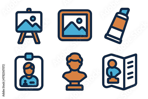 Art tools and representations of creativity including paintings, sculptures, and portraiture in a variety of forms