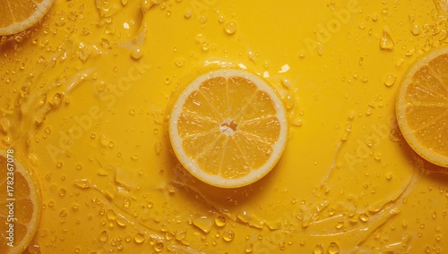 Texture of lemon slices against a bright yellow backdrop
