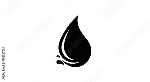 A black droplet with a small splash at its base on a white background.