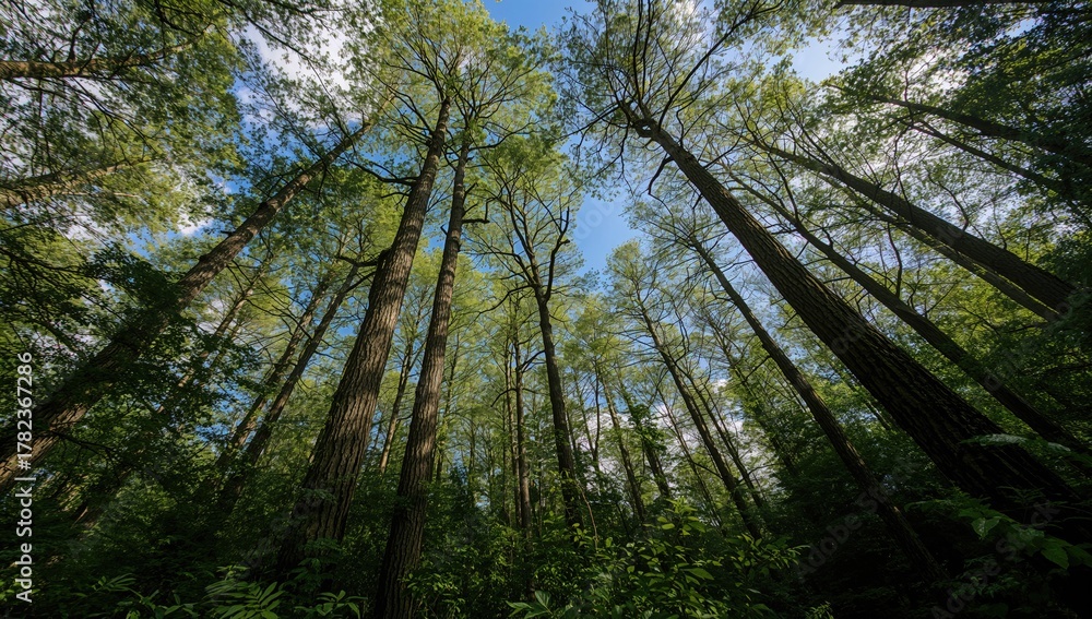 Fototapeta premium View of trees from ground level, showcasing seasonal change