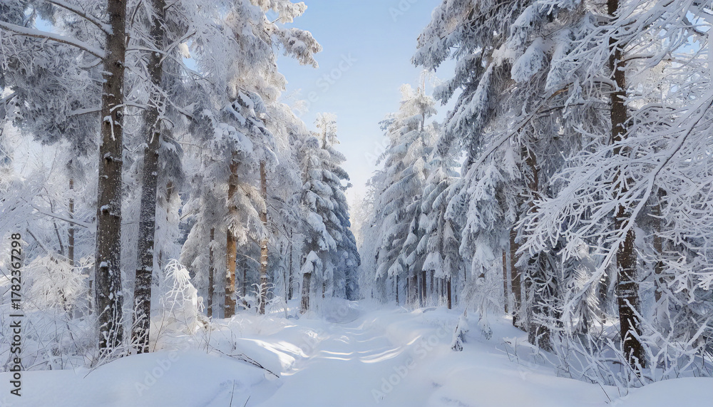 Obraz premium A stunning winter landscape with a snow-covered forest bathed in the rays of the sun, creating a feeling of cleanliness and peace. The image captures the beauty of frosty mornings and is perfect for n