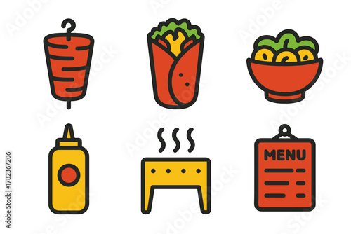 Delicious mix of food items including wraps, salads, and condiments served at a vibrant food truck during lunchtime