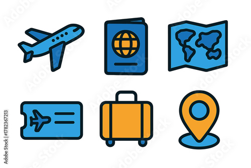 Travel essentials for planning a trip including passport, map, and boarding pass icons