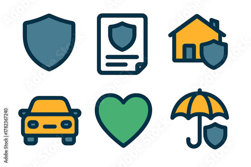 Various icons representing different types of insurance including home, auto, health, and general protection symbols