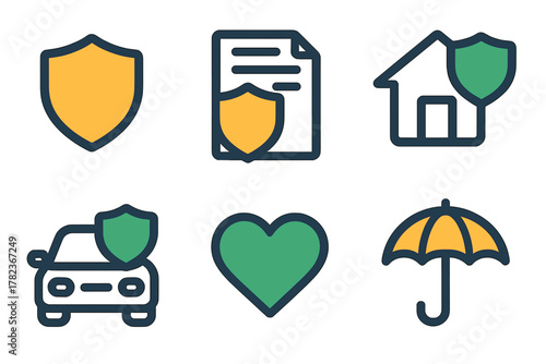 Icons representing different types of insurance coverage including home, auto, health, and general protections