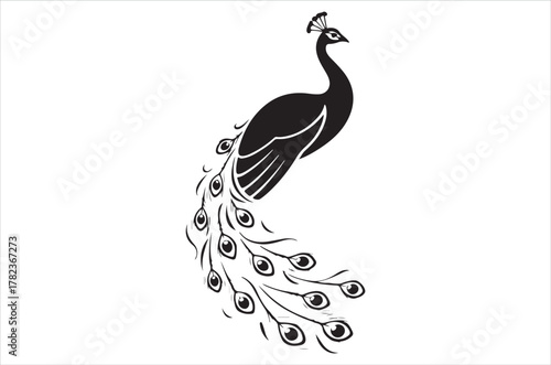 Elegant black silhouette of a peacock displaying its ornate plumage