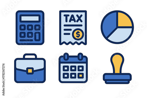 Financial tools including a calculator, tax document, pie chart, briefcase, calendar, and stamp are displayed in a flat vector design