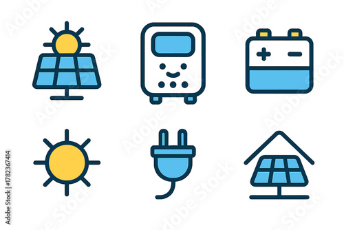 Solar energy icons representing renewable power systems and sustainable technology options for homes and businesses
