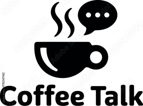 Coffee talk logo featuring a cup of coffee with steam and a speech bubble for conversation and community building