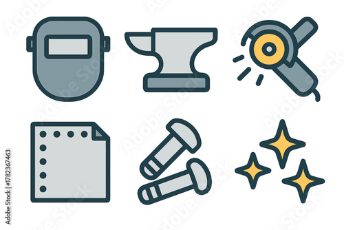 Tools used in metalworking including welding helmet, anvil, angle grinder, and more displayed on a simple background