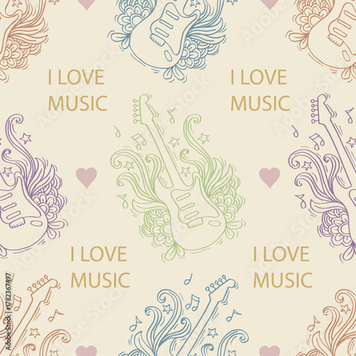 Seamless pattern with i love music hand-drawn guitar. Vector illustration.