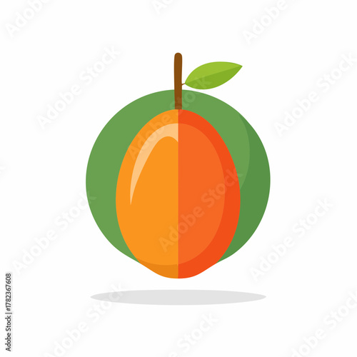 Ripe mango fruit illustration with a leaf, flat design, vector art for nutrition promotion or healthy lifestyle campaign, vibrant colors