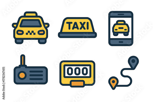 Yellow taxi icons representing ridesharing, navigation, and communication for transportation services