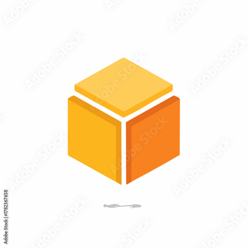 Abstract geometric orange and yellow three dimensional cube with subtle shadow