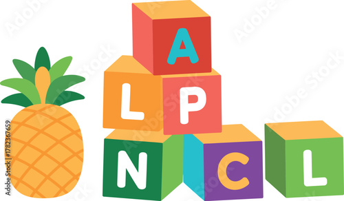 Colorful alphabet blocks spelling alpaca and a pineapple illustration on a white background for educational use