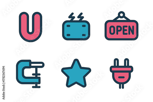 Icons representing various concepts including magnet, switch, open sign, clamp, star, and electrical plug in simple design