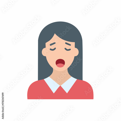 Woman yawning with mouth open and eyes closed, flat design illustration.