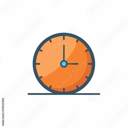 Minimalist clock face with orange dial, blue center, and simple hands indicating a quarter past.