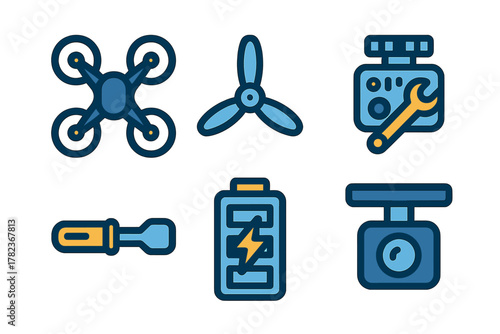Various drone components and tools including a battery, propellers, and a screwdriver for maintenance tasks
