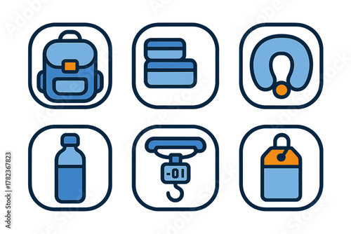 Travel accessories collection including backpack, neck pillow, and water bottle for convenient journeys