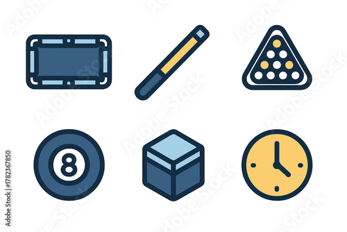 Pool table setup with cue, balls, and clock indicating game time at a lively recreation center