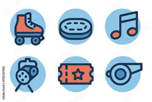Colorful icons of roller skating, music, and games suitable for fun events and entertainment purposes