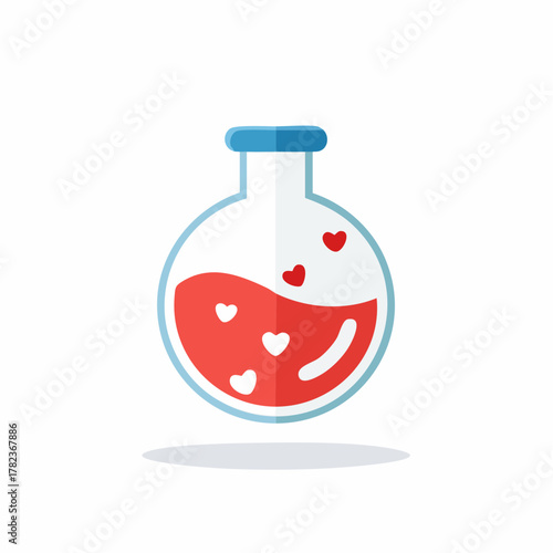 A round laboratory flask filled with red liquid and floating white and red hearts