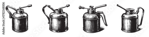 A collection of vintage oil cans, showcasing classic metal designs and intricate details.