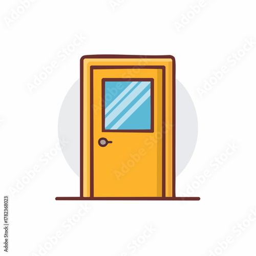 Yellow cartoon door with a square glass window and a round doorknob simple flat illustration