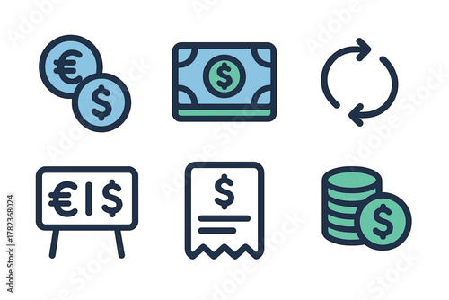 Financial icons representing currency exchange, cash transactions, and money management concepts