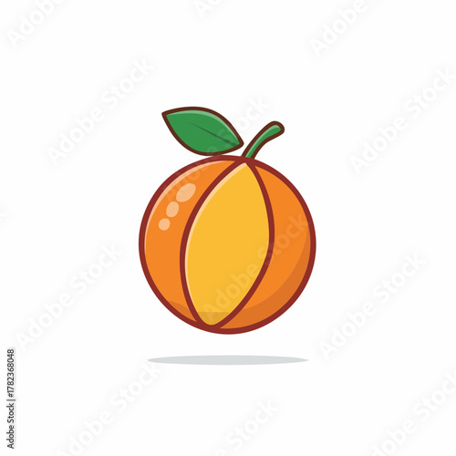 Cartoon illustration of a ripe orange fruit with a green leaf.