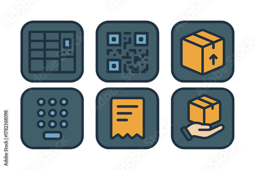 Digital icons representing modern shipping and delivery services in a simple flat design