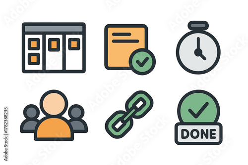 Icons representing project management tasks including deadlines, team collaboration, and final completion notification