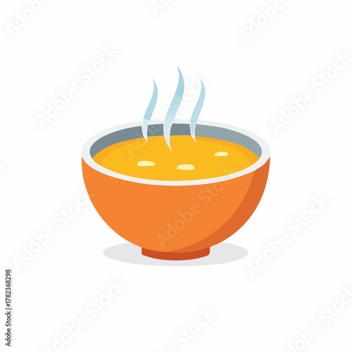 Steaming yellow soup with white spots in an orange bowl vector illustration