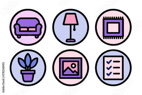 Decorative icons representing home interior elements and organization in a colorful design