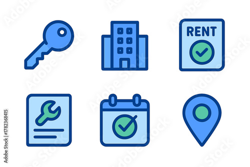 Key symbols and icons related to real estate, rental agreements, and maintenance scheduling in a digital design