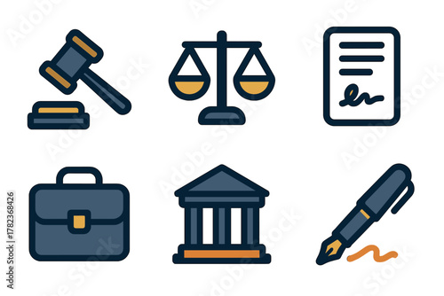 Legal symbols representing justice, law enforcement, and legal documentation in a creative design