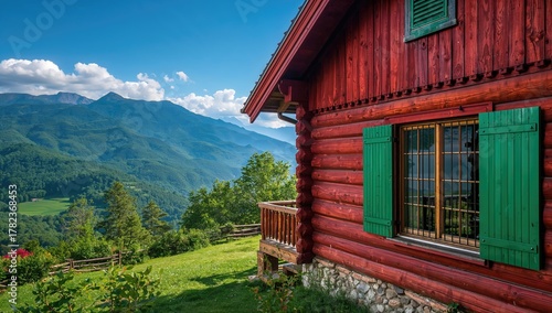 Wooden Home with Red and Gr...