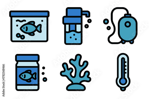 Collection of essential aquarium supplies for maintaining a healthy fish environment at home or facility