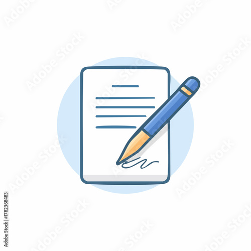 Simple vector illustration of a blue pen signing a document or contract, symbolizing agreement and authorization.
