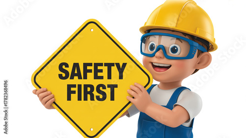 Cartoon boy wearing safety goggles and hard hat holding a yellow safety first sign on white background