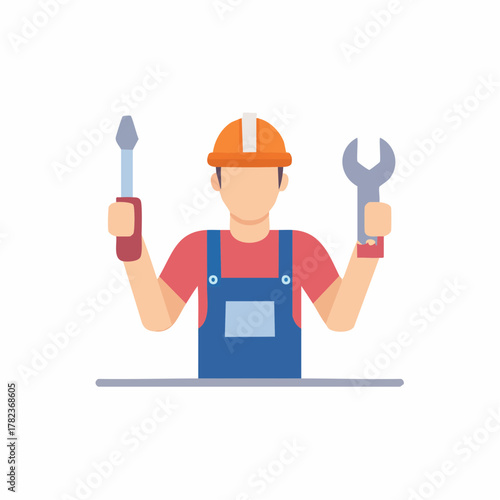 Cartoon mechanic with wrench and screwdriver, wearing overalls and a hard hat, for repair and service.