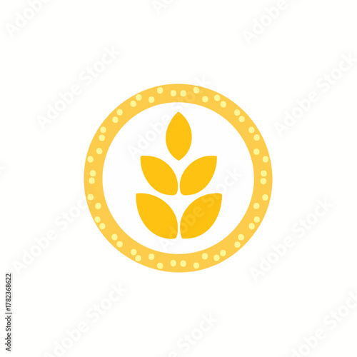 Stylized wheat grain ear icon in dotted yellow circular frame symbolizing agriculture food and healthy organic products