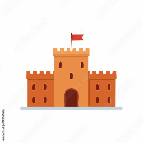 Distinctive flat design medieval castle icon featuring a prominent main keep, battlements, and a red flag flying high.