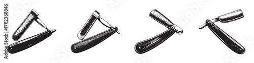 Artistic illustration of a traditional straight razor in various open positions.